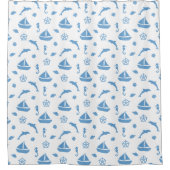 船とイルカ航海の模様ブルーホワイト シャワーカーテン (正面)