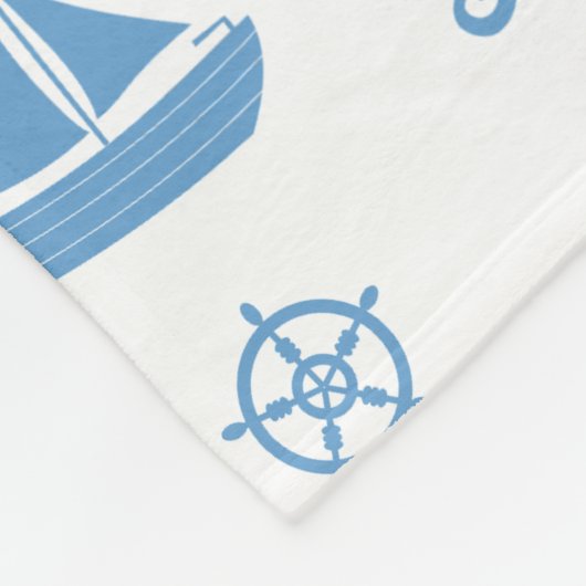 船とイルカ航海の模様ブルーホワイト フリースブランケット (角)