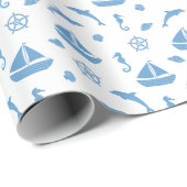 船とイルカ航海の模様ブルーホワイト ラッピングペーパー (ロールコーナー)