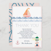 船と灯台のピンクのベイビーシャワーお礼カード 招待状 (正面/裏面)