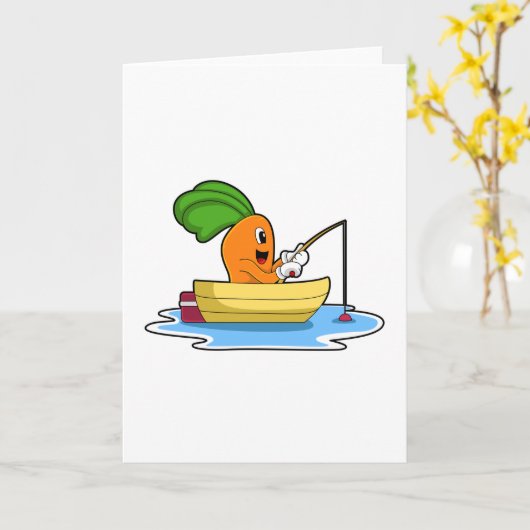 船に乗ったニンジンと釣竿で釣りを楽しむ カード (黄色い花)