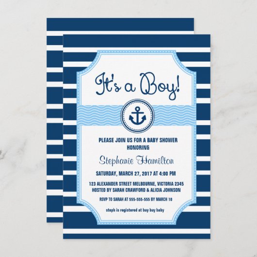 船のいかりの航海のな男の赤ちゃんのシャワー 招待状 (正面/裏面)