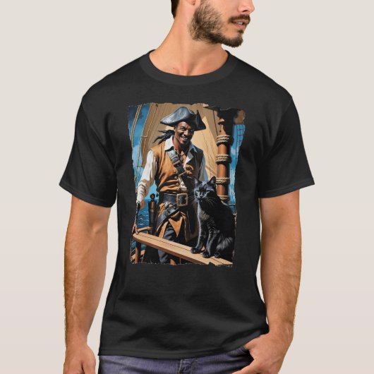 船のネコとハンサムなアフリカ系アメリカ人の海賊 Tシャツ (正面)