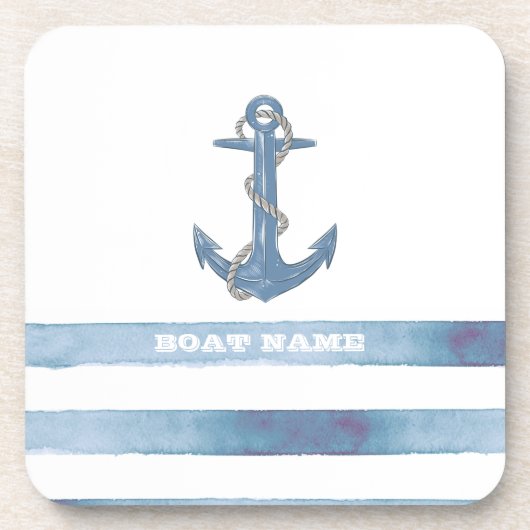 船の名前と錨のデザイン 青い縞模様  コースター (正面)