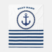 船の名前と錨 海軍ネイビーブルーストライプ フリースブランケット (正面)