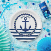 船の名前と錨 海軍ネイビーブルーストライプ ペーパープレート (パーティー)
