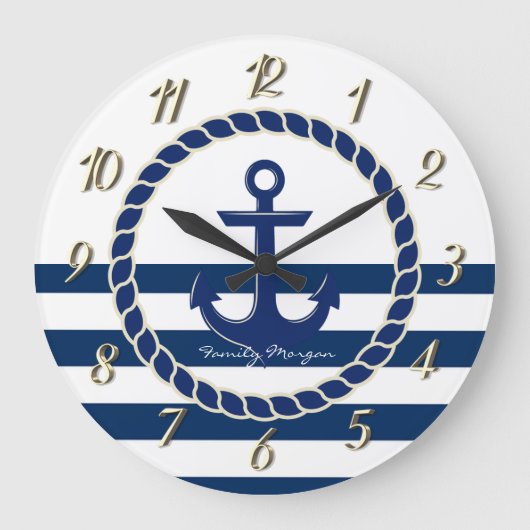 船の名前と錨 海軍ネイビーブルーストライプ ラージ壁時計 (正面)