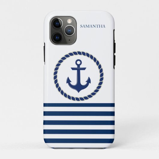 船の名前と錨 海軍ネイビーブルーストライプ Case-Mate iPhoneケース (裏面)