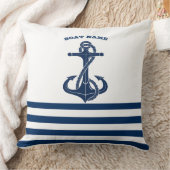 船の名前 ネイビーブルー アンカー ストライプ 白 クッション (ブランケット)