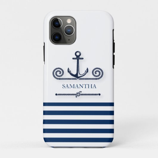船の名前 海事 アンカー ロープ 紺青のストライプ柄 Case-Mate iPhoneケース (裏面)