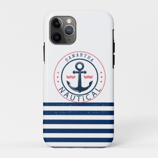 船の名前、海事、ネイビーブルーのストライプのアンカー Case-Mate iPhoneケース (裏面)