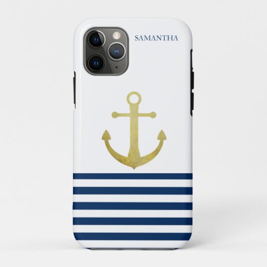 船の名前、金の錨ネイビーブルーのストライプ Case-Mate iPhoneケース (裏面)