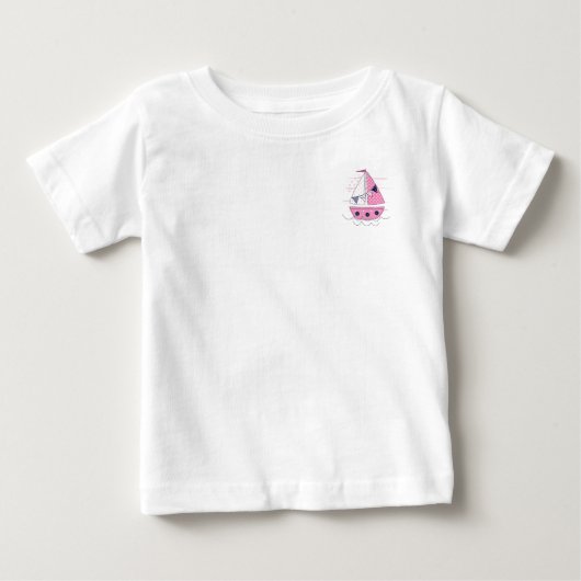 船の女の子の窓 ピンクの白の水玉模様 ベビーTシャツ (正面)