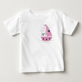 船の女の子の窓 ピンク 白の水玉模様 ベビーTシャツ