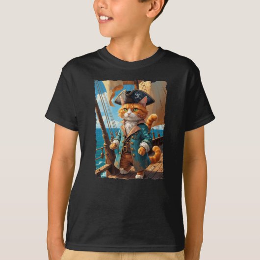 船の甲板に海賊のネコ! Tシャツ (正面)