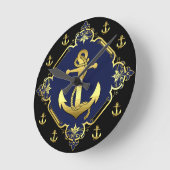 船の航海のいかり金ゴールド/ブラックシルエット/ネイビー ラウンド壁時計 (傾斜)