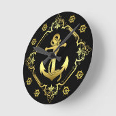 船の航海のいかり/車輪金ゴールド/黒/黒 ラウンド壁時計 (傾斜)