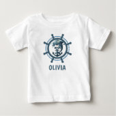 船の舵輪のイルカと錨のナウティカルデザイン ベビーTシャツ (正面)