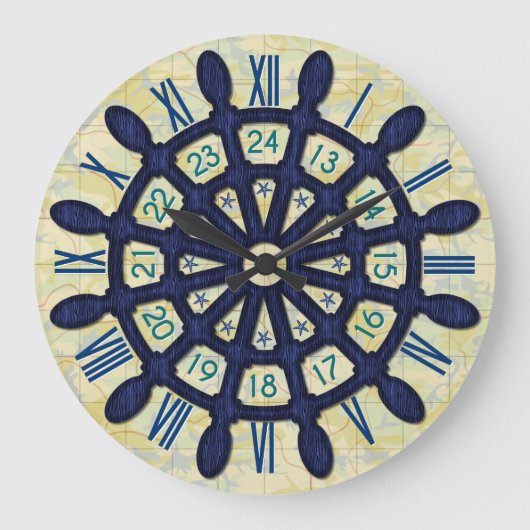 船の舵輪の木製の車輪の青く航海のな船員の古い地図 ラージ壁時計 (正面)