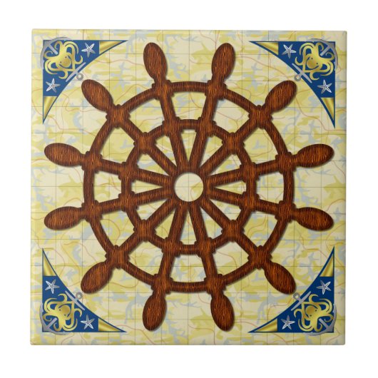 船の舵輪は木製の古い地図の航海のな海上旅行をローラーで動かします タイル (正面)