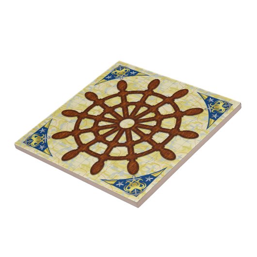 船の舵輪は木製の古い地図の航海のな海上旅行をローラーで動かします タイル (側面)