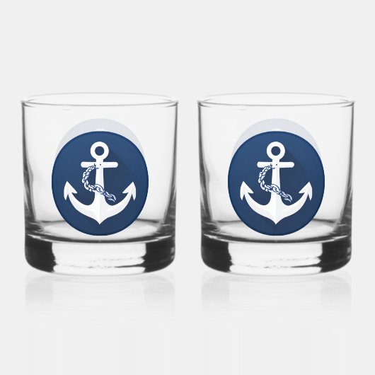 船の錨 海 ネイビーブルー 白 ウイスキーグラス (正面)