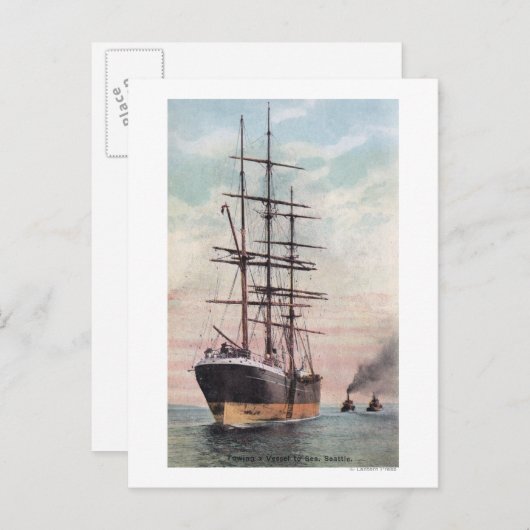 船を海へ引き上げるタグボート ポストカード (正面/裏面)