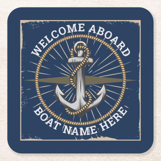 船カスタム名の歓迎いかりとロープ スクエアペーパーコースター (正面)