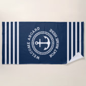 船カスタム名の歓迎いかりとロープ ビーチタオル (正面)