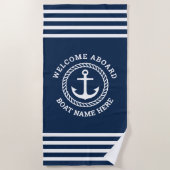 船カスタム名の歓迎いかりとロープ ビーチタオル (正面)