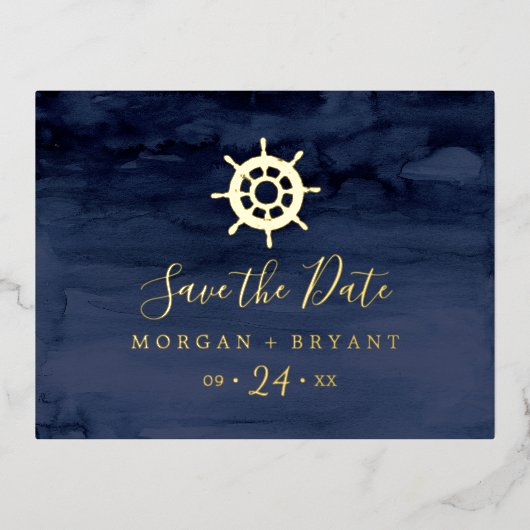 船モダン航海ののヘルム金箔の日付を保存 箔招待状ポストカード (正面)