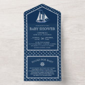 船モダン航海のエレガント海軍ブルーベビーシャワー オールインワン招待状 (内側)