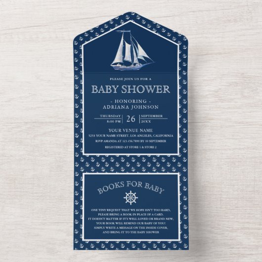 船モダン航海のエレガント海軍ブルーベビーシャワー オールインワン招待状 (内側)