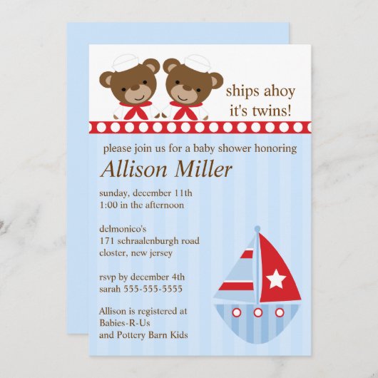 船上でTWINのベビーシャワー 招待状 (正面/裏面)