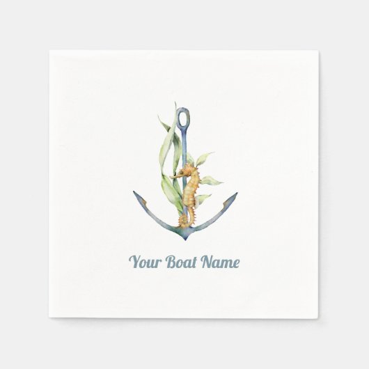 船名付き航海の乗馬及びいかり スタンダードカクテルナプキン (正面)