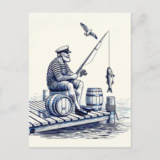 船員が桟橋に腰かけたヴィンテージイラスト ポストカード (正面)