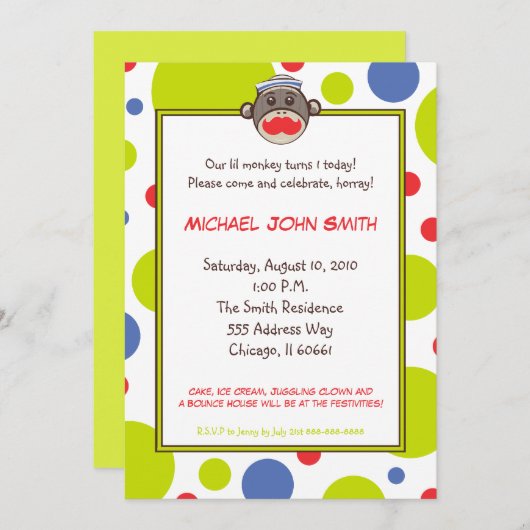 船員のソックス猿の誕生日のパーティの招待状 招待状 (正面/裏面)