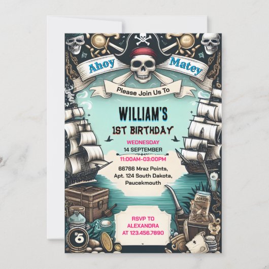 船子供クール旗ボート海賊最初の誕生日 招待状 (正面)