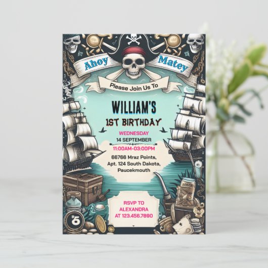 船子供クール旗ボート海賊最初の誕生日 招待状 (スタンド正面)
