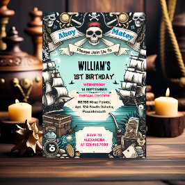 船子供クール旗ボート海賊最初の誕生日 招待状