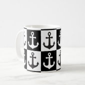 船市松模様にいかりパターン – 白黒 コーヒーマグカップ (正面左)
