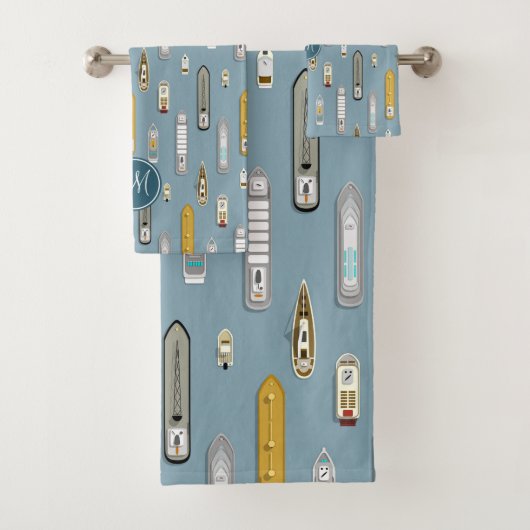 船航海のが青い川の上でモノグラムの船 バスタオルセット (インサイチュ)