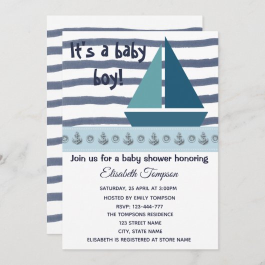 船航海のといかりの男の子のシャワー 招待状 (正面/裏面)