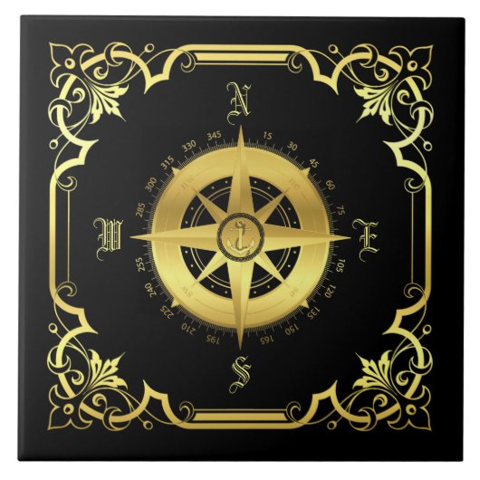 船航海ののコンパスシルエット/金ゴールド/ブラック タイル (正面)