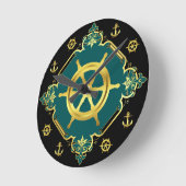 船航海のの車輪/いかり/金ゴールド/ブラック/アクア ラウンド壁時計 (傾斜)