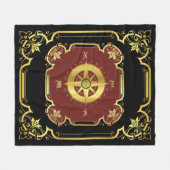 船航海のコンパス金箔ブラック/金ゴールド/レッド フリースブランケット (正面(横))