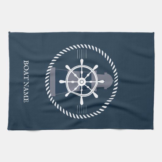 船航海のパーソナライズされた名ネイビーブルー キッチンタオル (横)