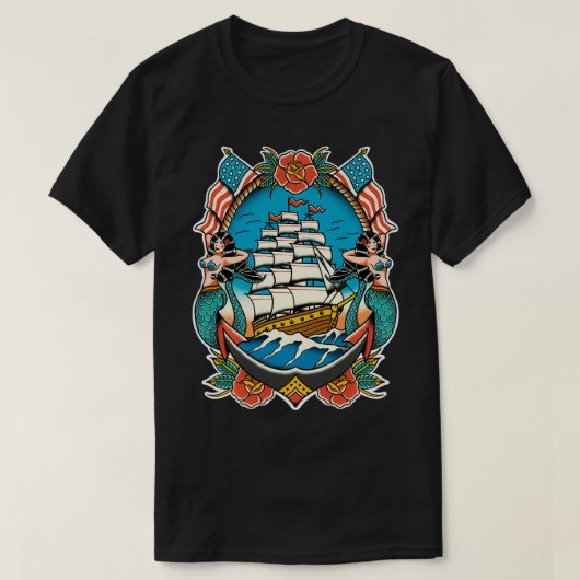 船航海の人魚いかりアメリ伝統的カ Tシャツ (デザイン正面)