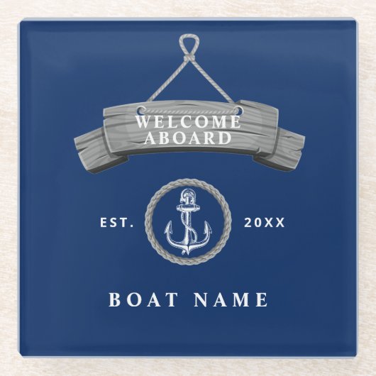 船航海の名のパーソナライズされたいかり ガラスコースター (正面)