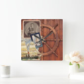 船航海の舵ヴィンテージ写真フレームアンティークマップ スクエア壁時計 (ホーム)